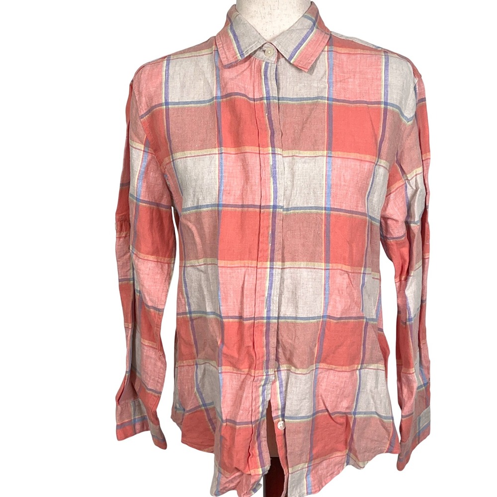 Pendleton Shirt Women S Coral Plaid Linen‎ Roll Tab Sleeve Shirt Lightweight